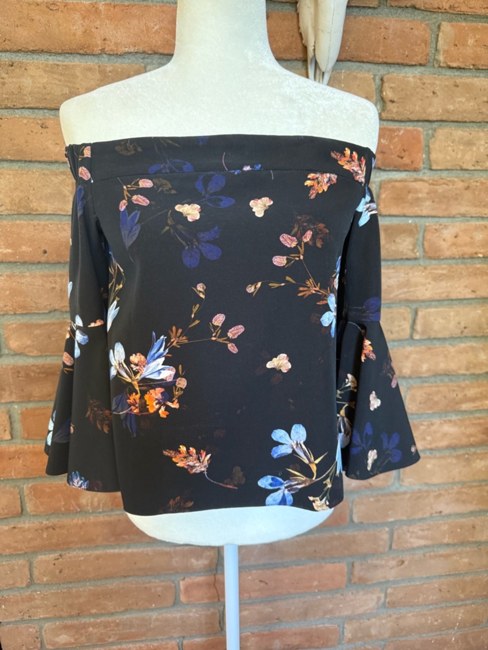 Topshop Off-Shoulder Black Floral Bell-Sleeve Top